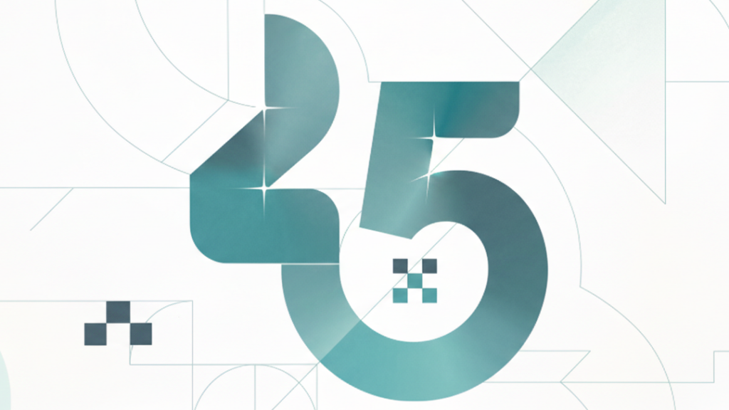 Key Visual des Israel Survey 2025. Abstrakte grafische Illustration mit der großen Zahl 25 in Türkis- und Grüntönen. Die Ziffern sind aus geometrischen Formen aufgebaut und von feinen Linien, Kreisbögen und Rasterelementen umgeben.