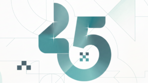 Key Visual des Israel Survey 2025. Abstrakte grafische Illustration mit der großen Zahl 25 in Türkis- und Grüntönen. Die Ziffern sind aus geometrischen Formen aufgebaut und von feinen Linien, Kreisbögen und Rasterelementen umgeben.